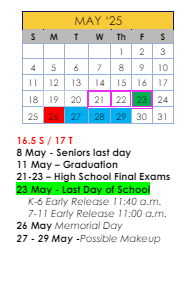District School Academic Calendar for Ideal Alternative Ed Program for May 2025