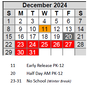 District School Academic Calendar for Craig ELEM. for December 2024