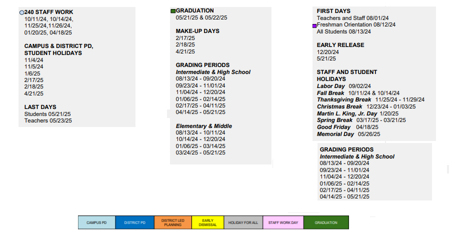 District School Academic Calendar Key for The Summit Intermediate