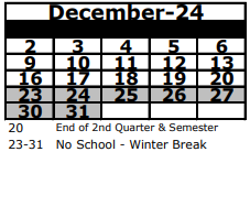 District School Academic Calendar for Adult Satellite West for December 2024
