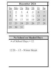 District School Academic Calendar for Imlay Elementary School for December 2024
