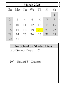 District School Academic Calendar for Imlay Elementary School for March 2025
