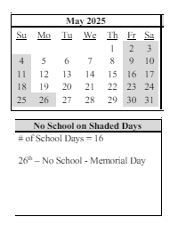 District School Academic Calendar for Imlay Elementary School for May 2025