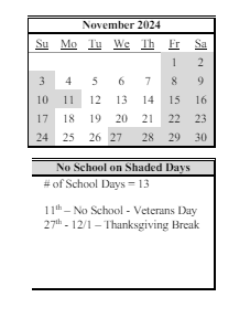 District School Academic Calendar for Imlay Elementary School for November 2024