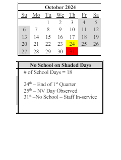 District School Academic Calendar for Imlay Elementary School for October 2024