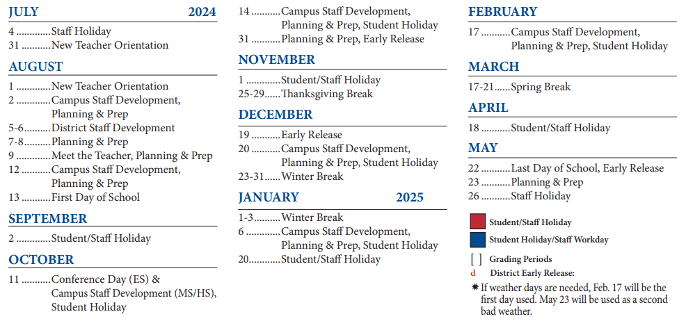 District School Academic Calendar Key for River Oaks Elementary