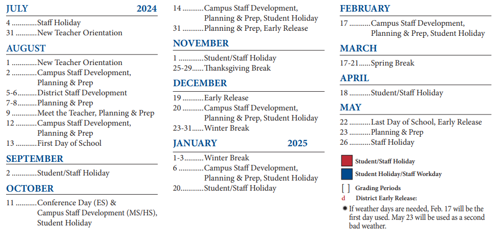 District School Academic Calendar Key for Kelly Lane Middle School