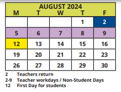 District School Academic Calendar for MT. Vernon Elementary School for August 2024