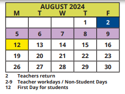 District School Academic Calendar for Palm Harbor Elementary School for August 2024