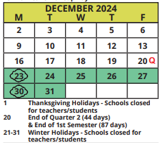 District School Academic Calendar for Athenian Academy for December 2024