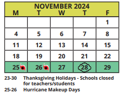District School Academic Calendar for Azalea Elementary School for November 2024