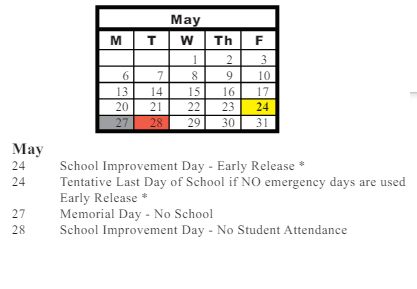 District School Academic Calendar for Grand Prairie Elementary for May 2025