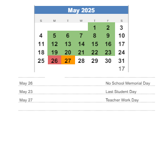 District School Academic Calendar for Webster Elementary School for May 2025