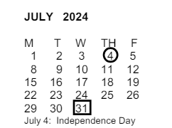 District School Academic Calendar for Philadelphia Elementary for July 2024