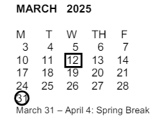 District School Academic Calendar for Marshall (john) Middle for March 2025