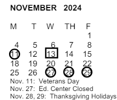 District School Academic Calendar for Marshall (john) Middle for November 2024