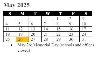 District School Academic Calendar for Sharon C. Mcauliffe Elementary for May 2025