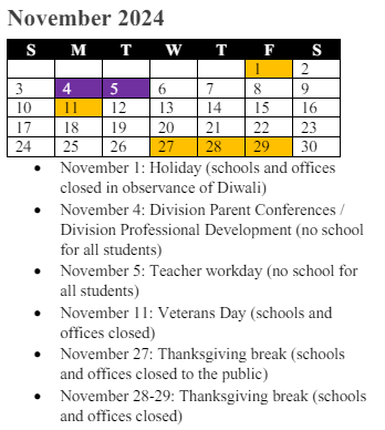 District School Academic Calendar for Neabsco Elementary for November 2024