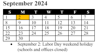 District School Academic Calendar for Old Bridge Elementary for September 2024