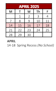 District School Academic Calendar for Lillian Feinstein Elementary, Sackett Street for April 2025
