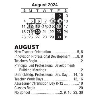 District School Academic Calendar for W H Heaton Middle School for August 2024