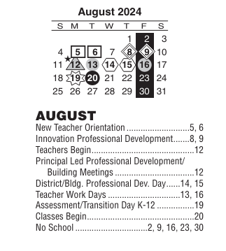 District School Academic Calendar for Community Transition House for August 2024