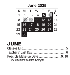 District School Academic Calendar for Roncalli Middle School for June 2025