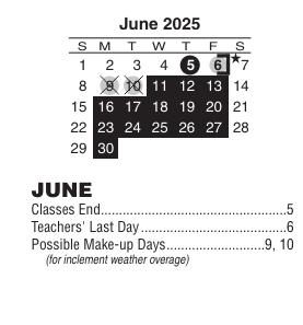 District School Academic Calendar for Central High School for June 2025