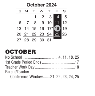 District School Academic Calendar for W H Heaton Middle School for October 2024