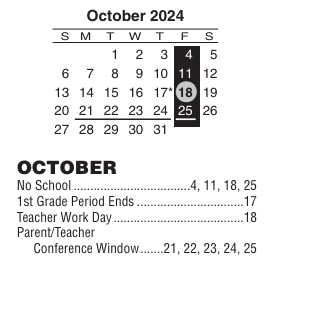 District School Academic Calendar for Spann Elementary School for October 2024