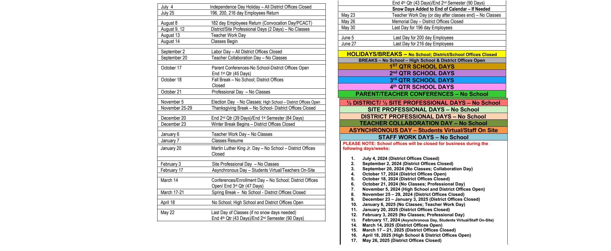 District School Academic Calendar Key for Kirkland Es