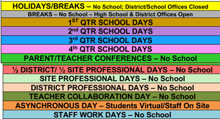 District School Academic Calendar Legend for Kirkland Es