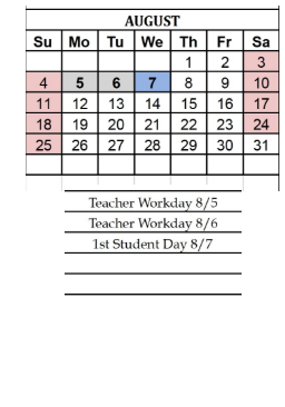 District School Academic Calendar for West Side Middle School for August 2024