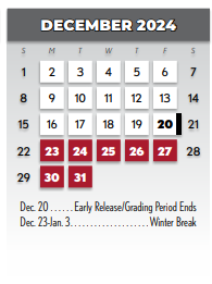 District School Academic Calendar for Westwood Junior High for December 2024
