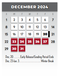 District School Academic Calendar for Math/science/tech Magnet for December 2024