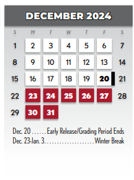 District School Academic Calendar for Jess Harben Elementary for December 2024