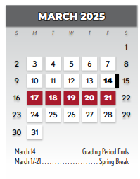 District School Academic Calendar for Mark Twain Elementary for March 2025