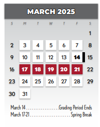 District School Academic Calendar for Lake Highlands High School for March 2025