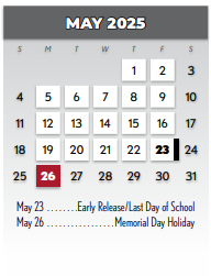 District School Academic Calendar for Thurgood Marshall Elementary for May 2025