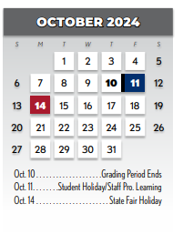 District School Academic Calendar for Prairie Creek Elementary for October 2024