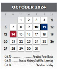 District School Academic Calendar for Lake Highlands J H for October 2024