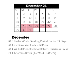 District School Academic Calendar for Paul C Garrison Elem Sch for December 2024