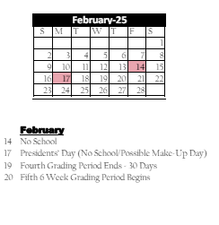 District School Academic Calendar for Paul C Garrison Elem Sch for February 2025