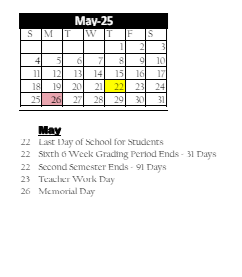 District School Academic Calendar for Paul C Garrison Elem Sch for May 2025