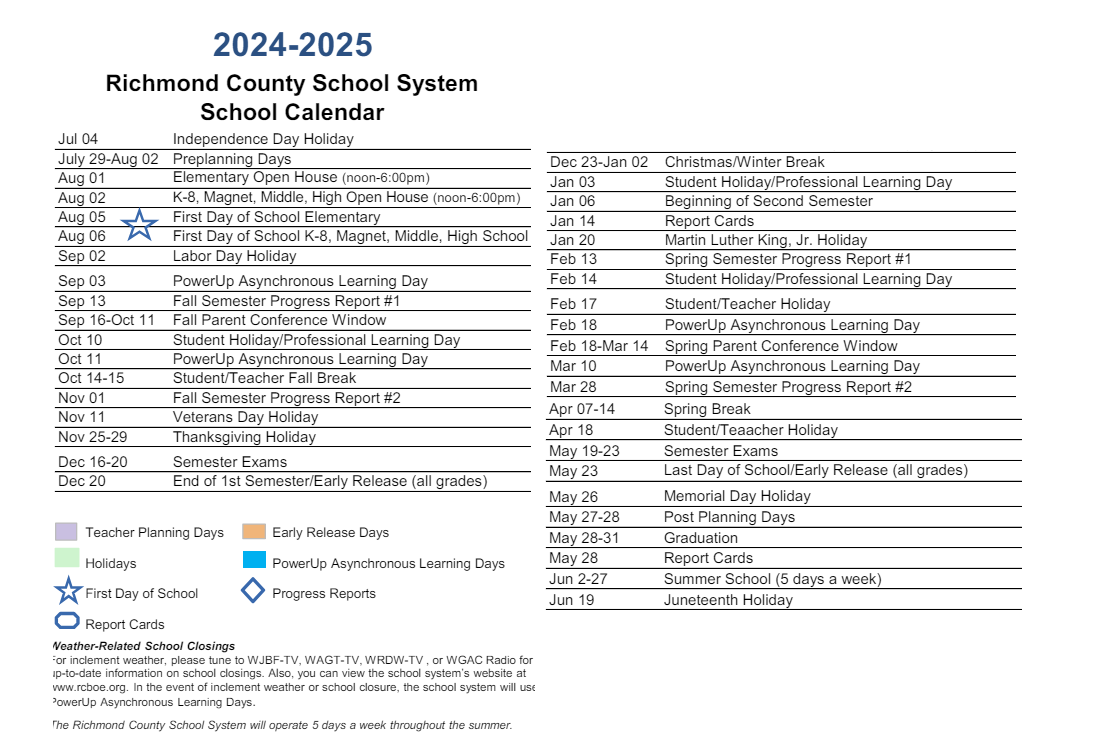 District School Academic Calendar Key for Richmond County Alternative School