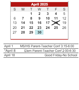District School Academic Calendar for Henry S Evans Elementary Sch for April 2025