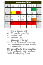 District School Academic Calendar for Barbour Two-way Lang Immersion for November 2024