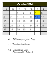 District School Academic Calendar for Montessori Magnet School for October 2024