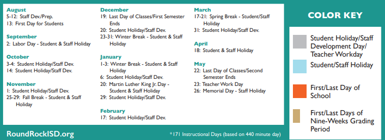 District School Academic Calendar Key for Williamson Co J J A E P