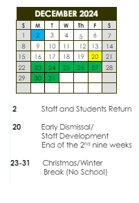 District School Academic Calendar for Southwest Elementary School for December 2024